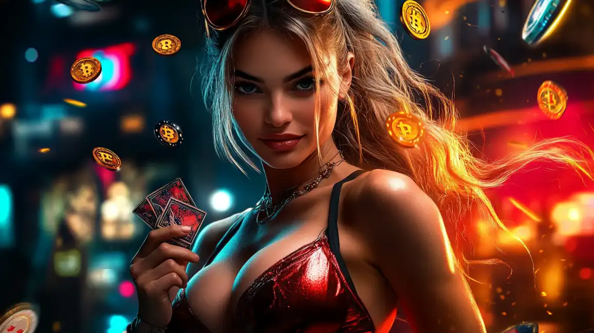 Glamorous blonde woman in red dress holding playing cards surrounded by floating casino chips