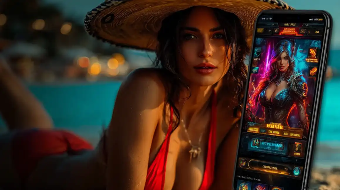 Woman in red bikini and straw hat at beach showcasing fantasy-themed mobile casino game interface