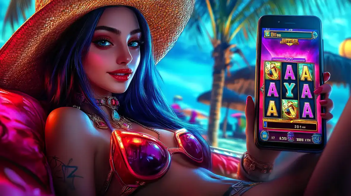 Attractive woman with blue hair and straw hat at tropical beach playing mobile slot games