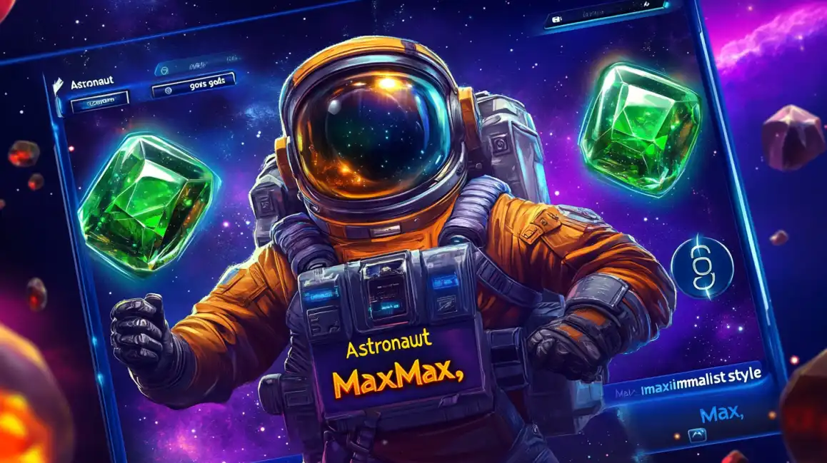 Astronaut character in orange spacesuit playing MaxMax slot game with green gem symbols in cosmic setting