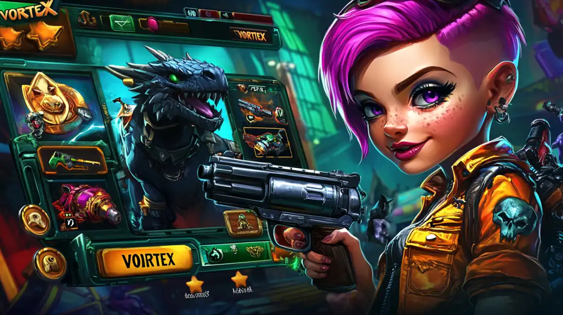 Cyberpunk-style girl with pink hair and weapon next to dragon in Vortex casino game interface