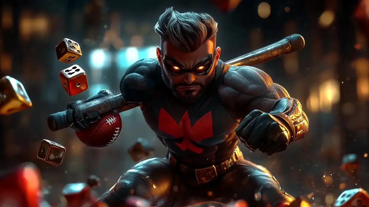 Muscular superhero character in dark costume with red maple leaf symbol surrounded by casino dice