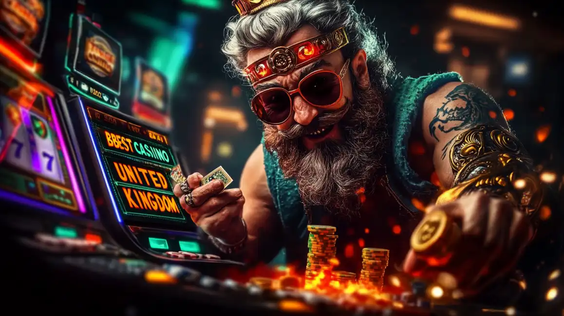 Rugged bearded man with tattoos and sunglasses playing United Kingdom themed slot machine with cash