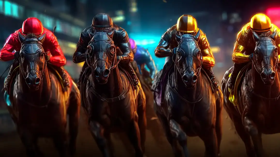 Futuristic horse racing scene with jockeys in colorful silks racing through neon-lit cyberpunk cityscape