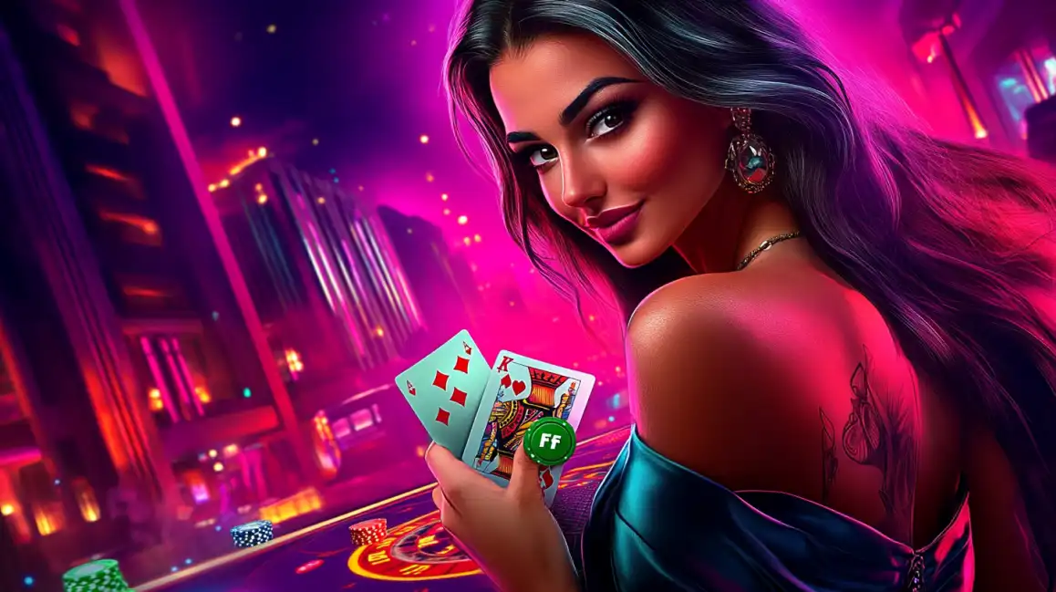 Beautiful brunette woman in black dress holding playing cards in vibrant purple casino environment