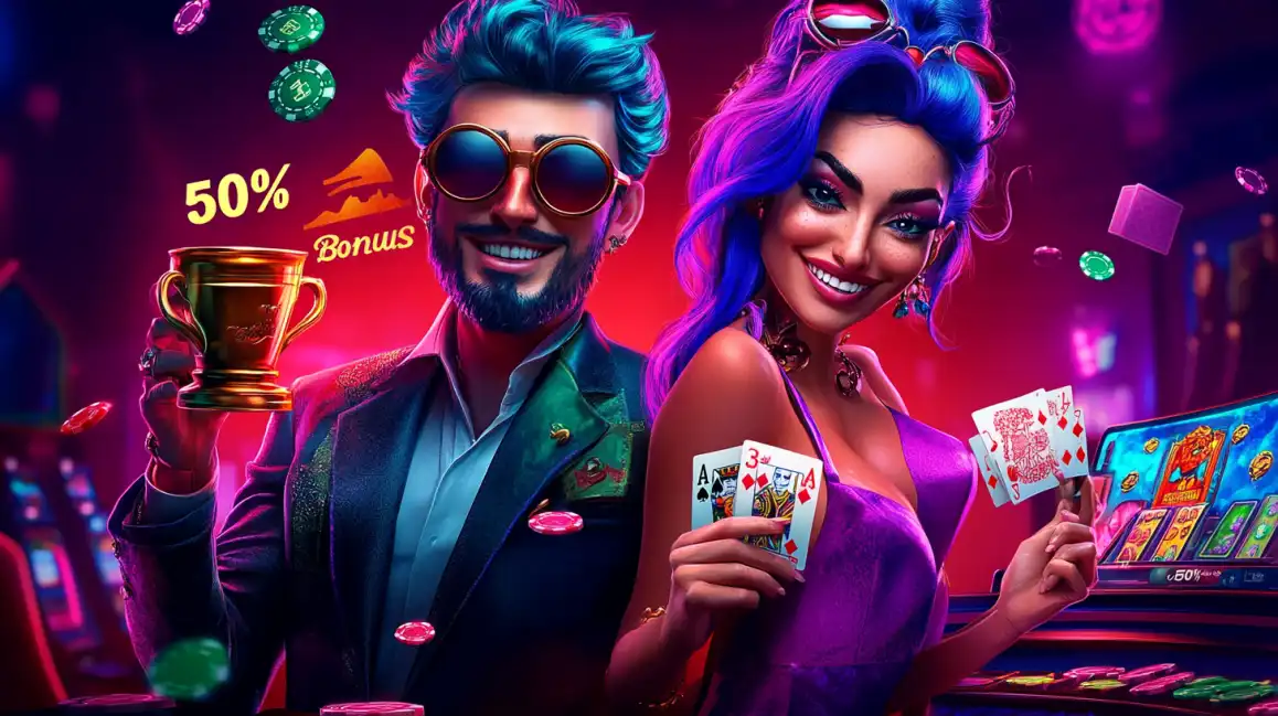 Stylish couple with sunglasses celebrating 50% bonus at casino with trophy, cards and chips