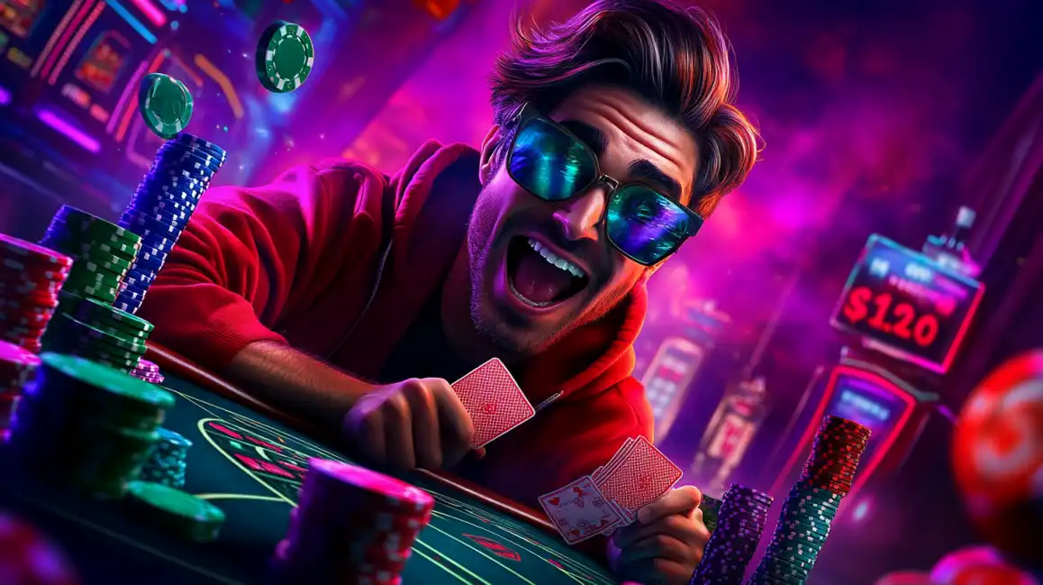 Excited man in sunglasses celebrating at casino table with playing cards and chips in neon lighting