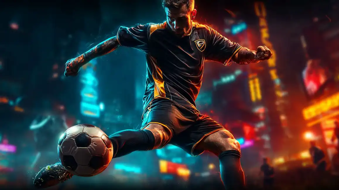 Dynamic football player in action with soccer ball in dramatic neon-lit urban sports environment
