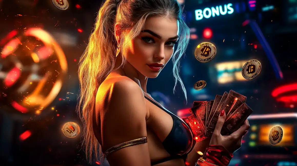 Attractive blonde woman in black dress holding playing cards with Bitcoin symbols and bonus text
