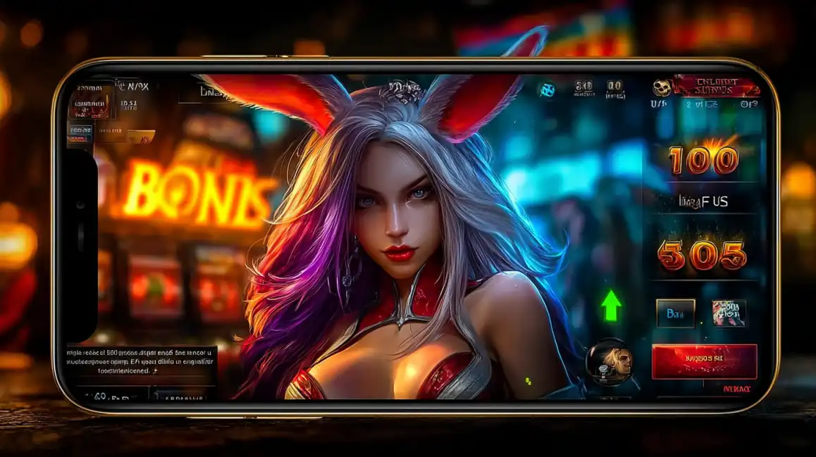 Fantasy woman with demon horns and colorful hair displayed on mobile casino interface with bonus features