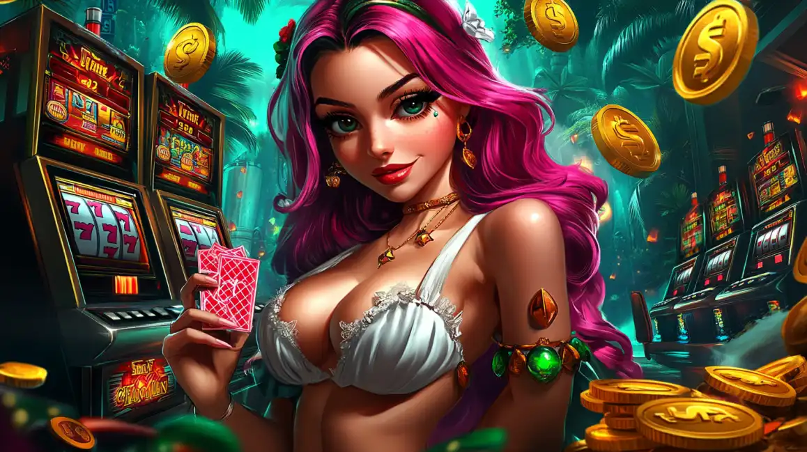Beautiful woman with pink hair in white bikini holding playing cards in tropical casino setting with golden coins