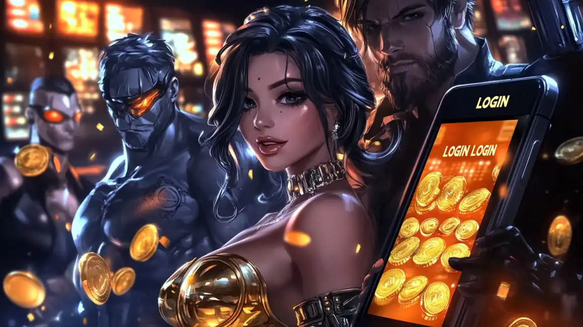 Cyberpunk-style group with attractive woman holding mobile casino login screen surrounded by golden coins