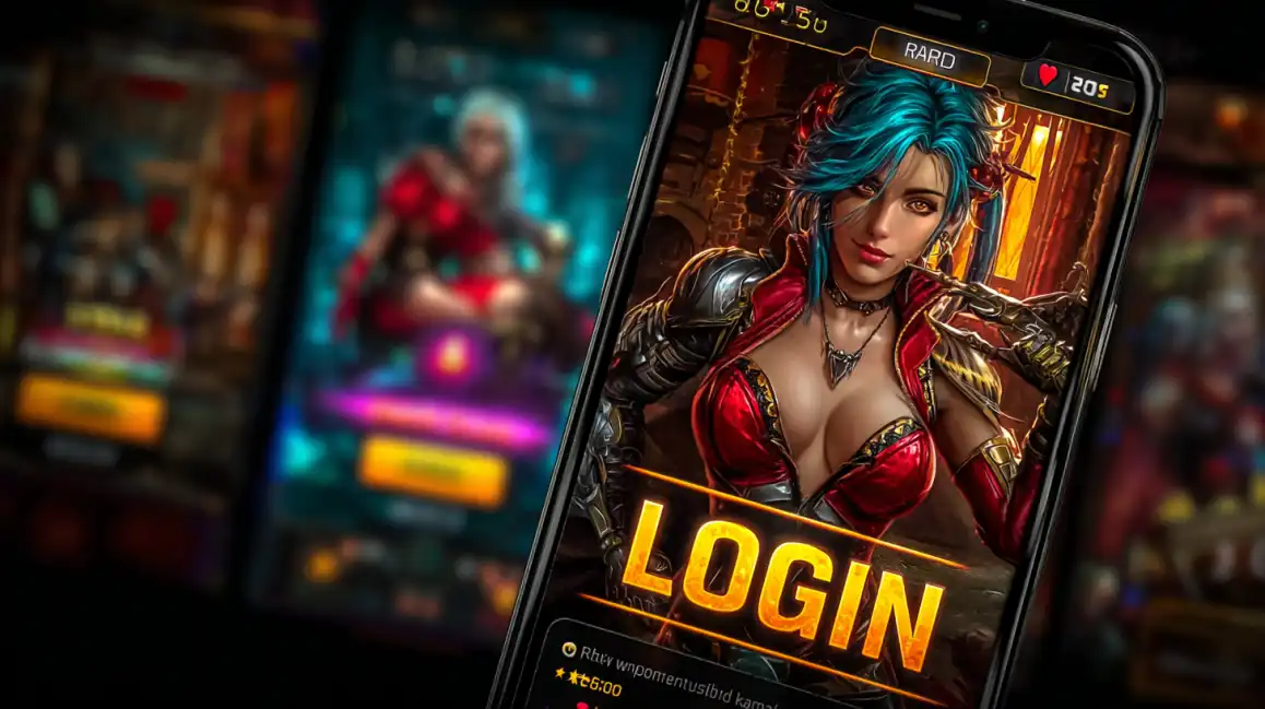 Steampunk-style woman with blue hair and ornate armor on mobile casino login interface