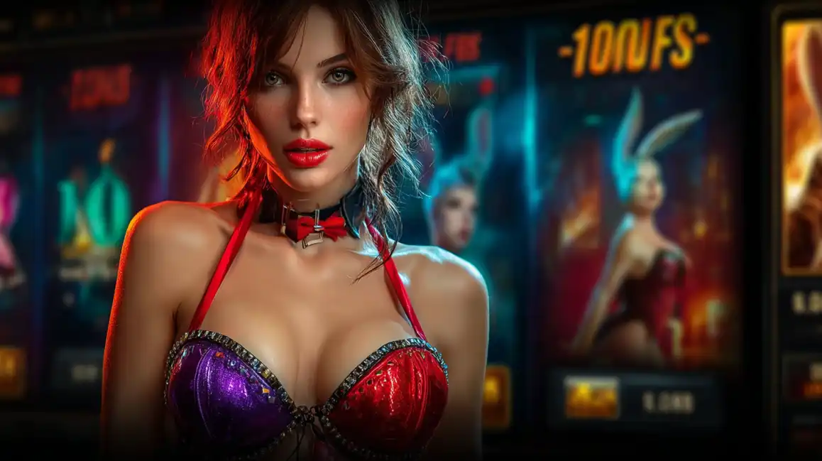 Beautiful woman in purple and red sequined dress posing in colorful neon casino environment