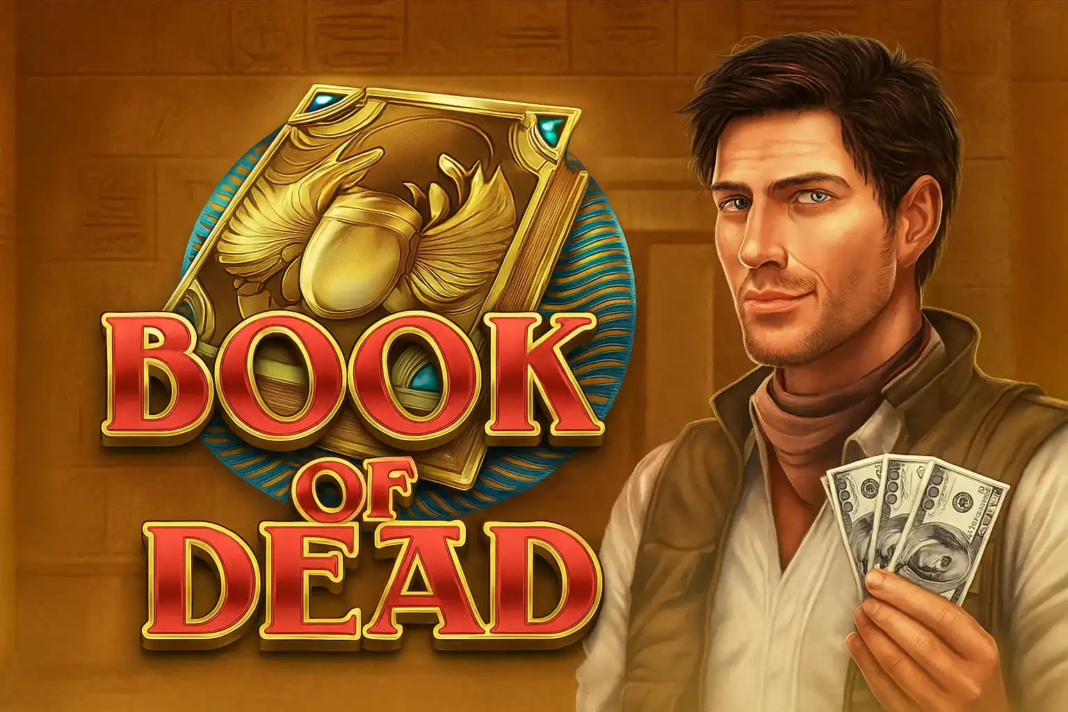 Book of Dead slot featuring adventurer explorer character holding cash money in Egyptian archaeological setting