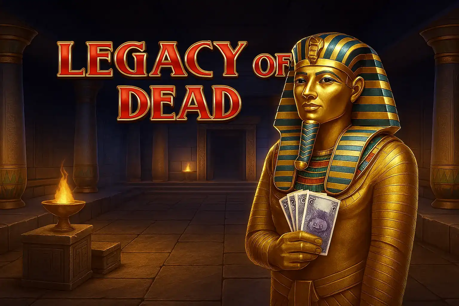 Legacy of Dead slot game featuring golden Egyptian pharaoh character holding playing cards in ancient tomb setting