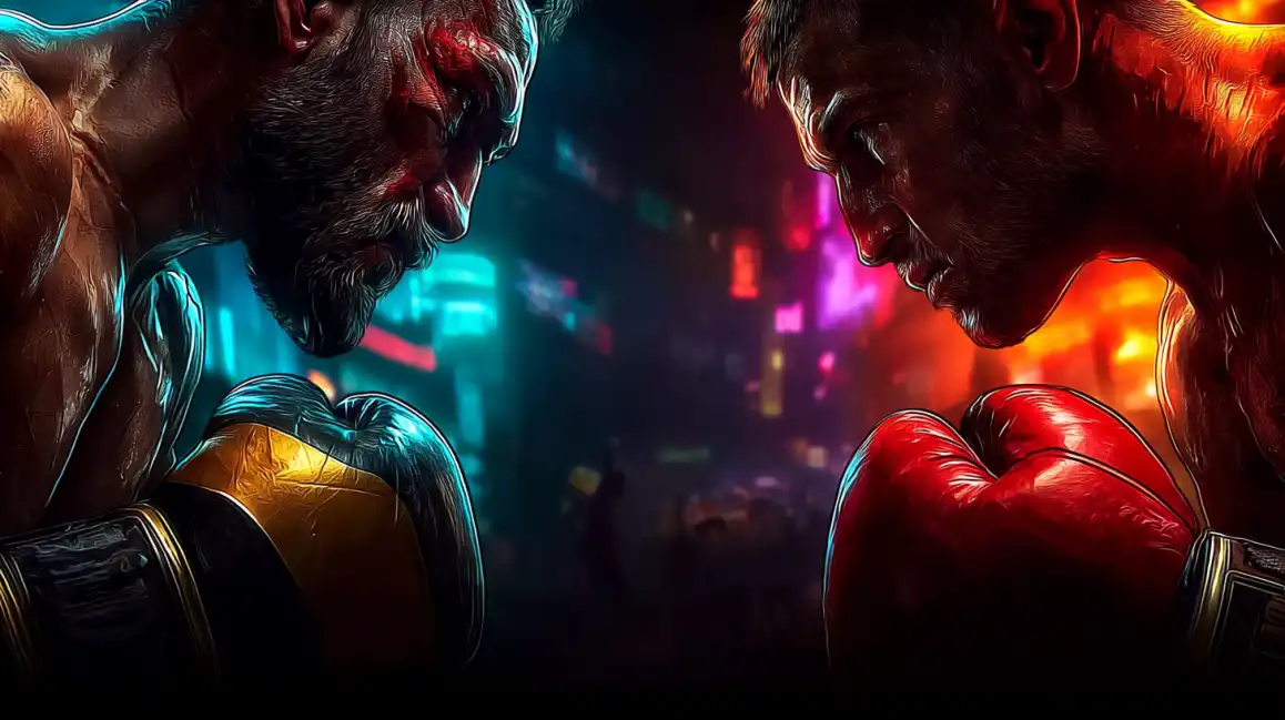 Intense boxing match scene with two fighters in dramatic neon-lit sports arena atmosphere
