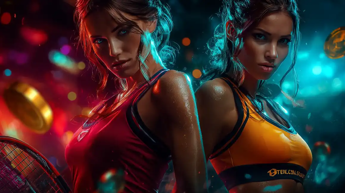 Two athletic women tennis players in colorful sportswear with tennis rackets in neon sports environment