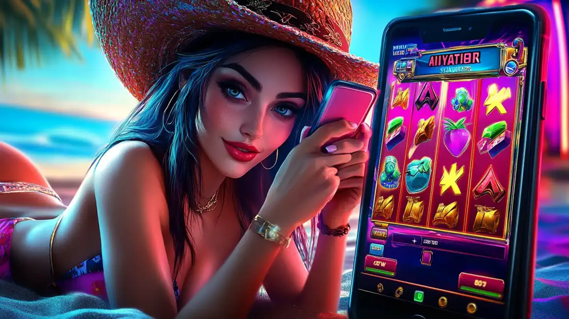 Woman in summer hat and bikini at beach displaying Alligator-themed slot game on mobile phone