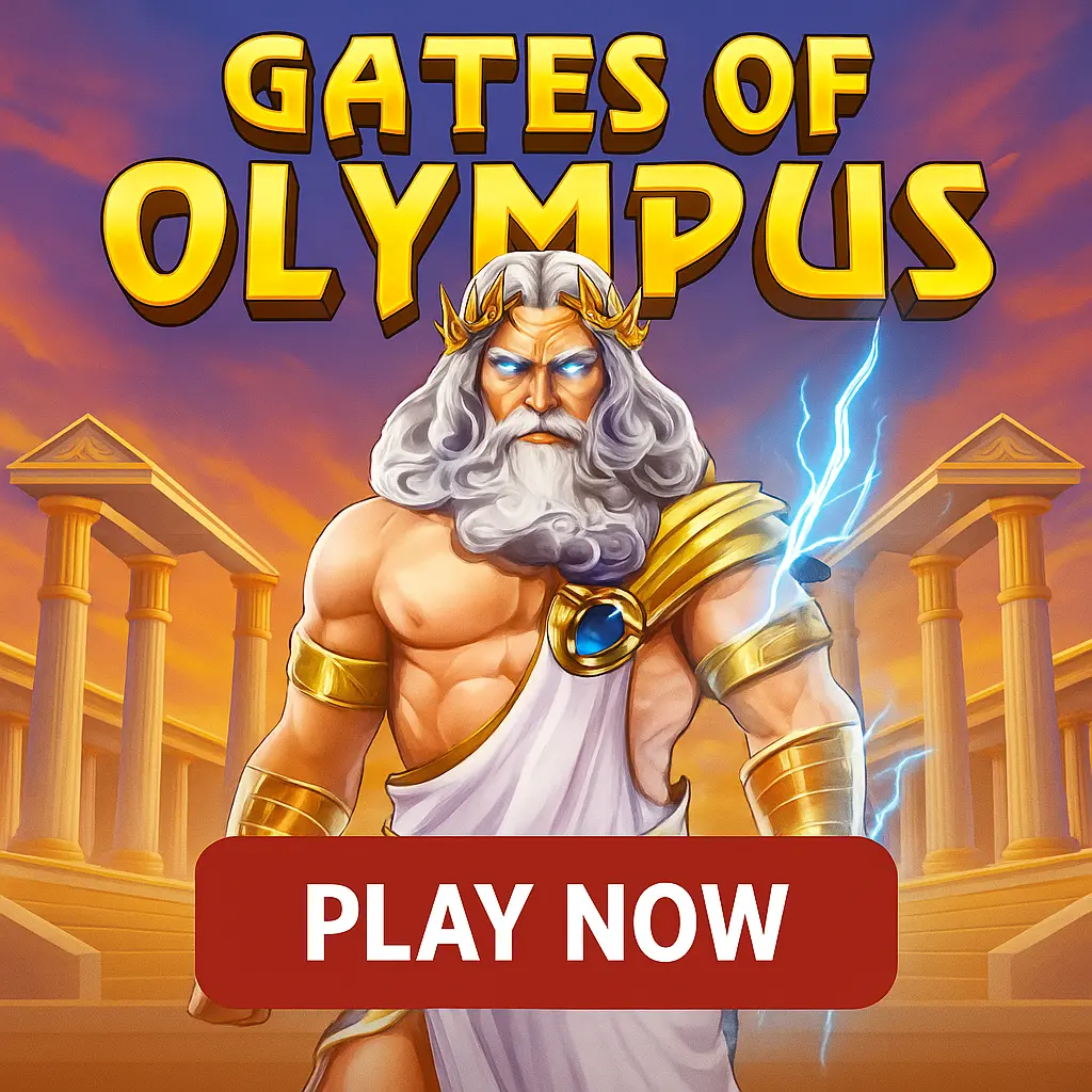 Gates of Olympus slot game showing muscular Zeus character with white beard and golden armor in Greek temple